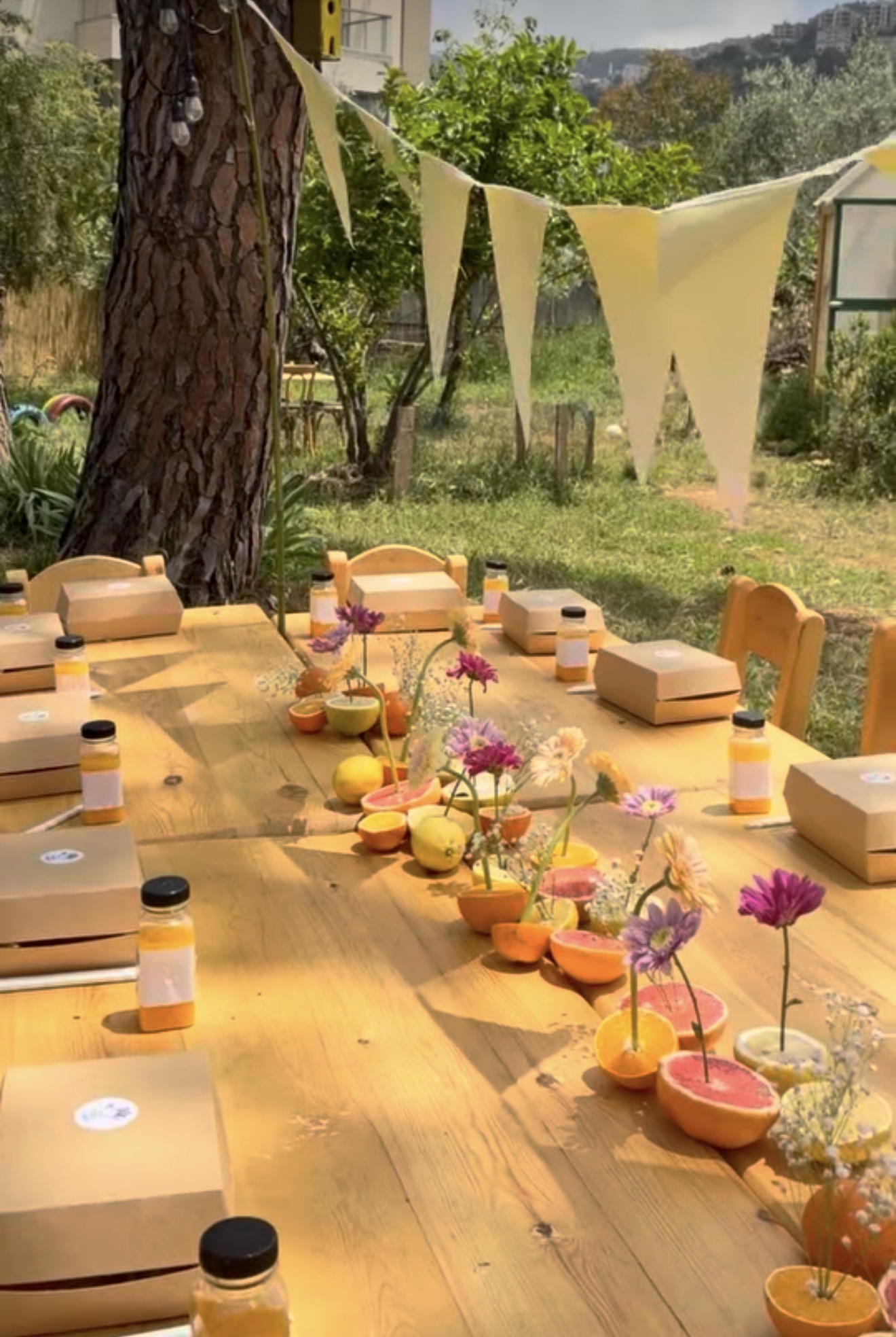 A sunny garden table decorated with flowers and fresh juices for a workshop